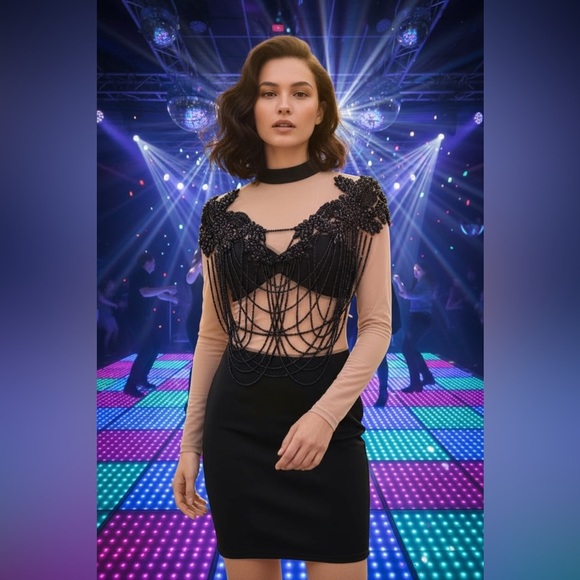 QUEEN MANIA MINI Black Mesh Dress Embellished with Black Faceted Beads SZ M NWOT - Picture 3 of 14